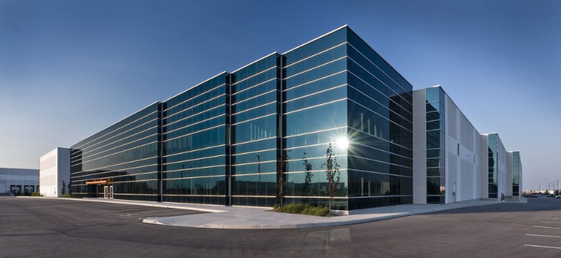 A large commercial building with glass windows. 