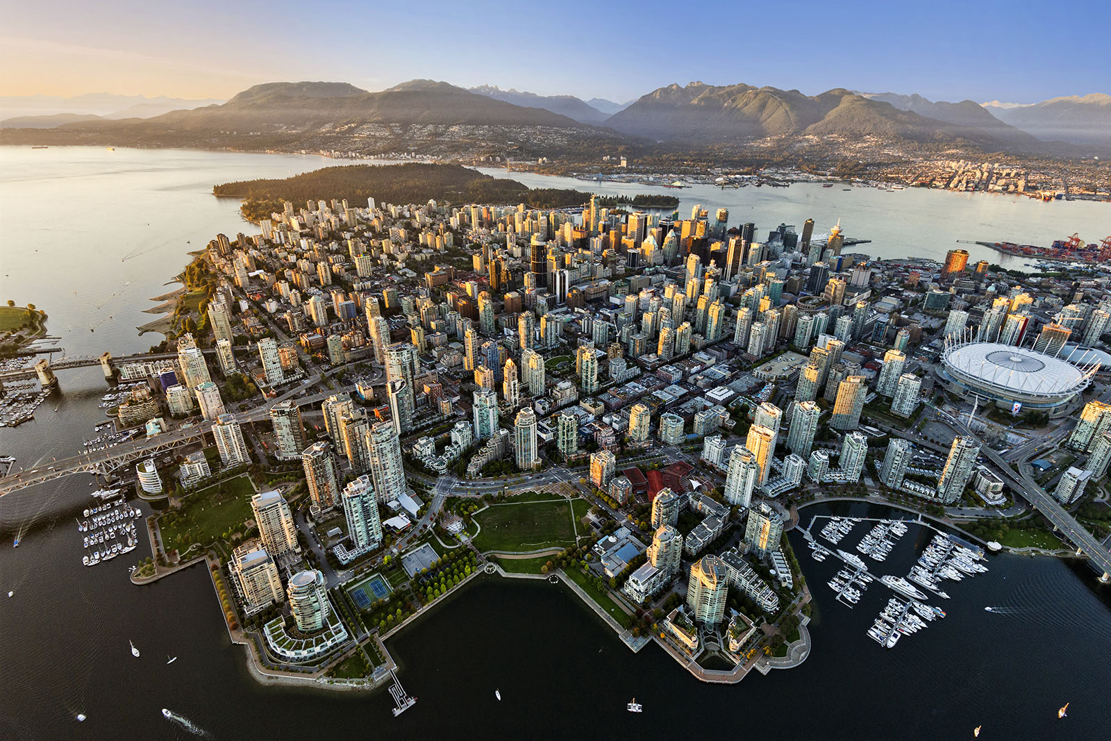This aerial drone photography shot of Vancouver shows how altitude and timing work together to capture a city's full geography in one frame.